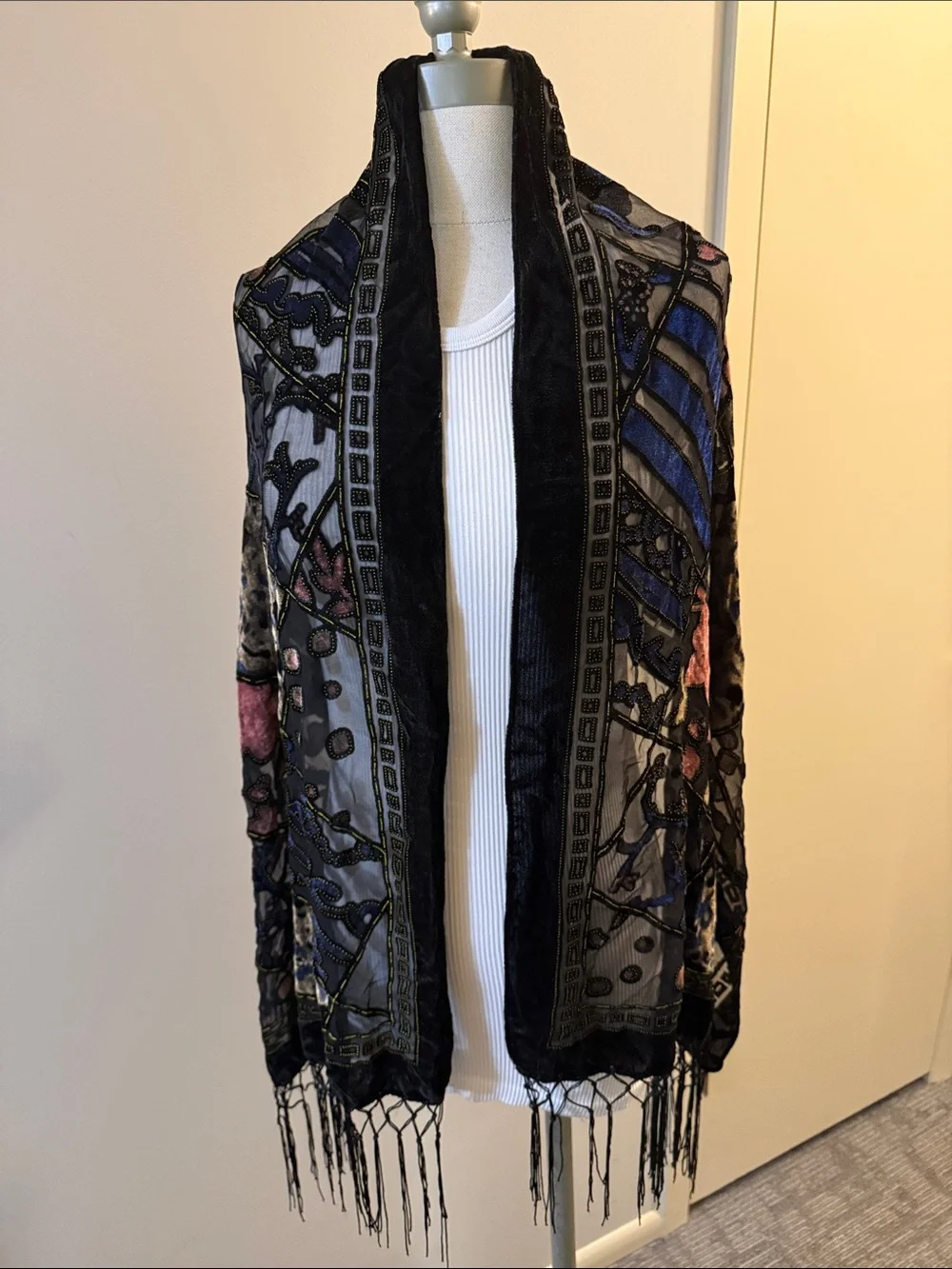Black Velvet-Trim Embroidered Floral Shawl Scarf